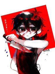 Rule 34 | 1girl, arm behind back, armpits, bare arms, black eyes, black tank top, blood, blood on face, blood stain, child, crying, crying with eyes open, female focus, genderswap, genderswap (mtf), knife, mynameisbri, omori, omori (omori), sleeveless, tank top, tears, weapon
