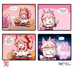 Rule 34 | 2girls, 4koma, animal ear fluff, animal ears, animal hands, bare shoulders, bell, blush, breasts, carrot, cat paws, cleavage, closed eyes, collar, collarbone, comic, detached sleeves, eating, english text, fangs, fate/grand order, fate (series), fish, food, fox ears, fox girl, fox tail, galaxy, glasses, gloves, grey-framed eyewear, hair ribbon, highres, japanese clothes, jingle bell, keita naruzawa, kimono, koyanskaya (fate), large breasts, mini person, minigirl, multiple girls, multiple persona, neck bell, open mouth, paw gloves, pink hair, pink ribbon, ponytail, rabbit, red kimono, red ribbon, ribbon, side ponytail, space, speech bubble, square 4koma, tail, tamamo (fate), tamamo cat (fate), tamamo cat (first ascension) (fate), vegetable