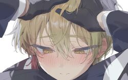 Rule 34 | 1girl, 2boys, black gloves, black kimono, blonde hair, blush, close-up, closed mouth, ear blush, earrings, eyelashes, full-face blush, gloves, hair between eyes, highres, hug, japanese clothes, jewelry, kimono, limbus company, long sleeves, male focus, maratang, multiple boys, out of frame, outis (project moon), petting, project moon, simple background, sinclair (project moon), single earring, solo focus, tassel, tassel earrings, tears, white background, yellow eyes, yi sang (project moon)