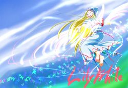 Rule 34 | 1girl, barefoot, blonde hair, bug, butterfly, closed eyes, female focus, flying, hat, bug, jpeg artifacts, lily white, long hair, mandara misaki, outstretched arms, solo, spread arms, touhou, wings