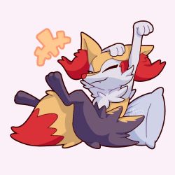 Rule 34 | advos, animal ear fluff, animal ears, arms up, artist name, black fur, black outline, braixen, closed eyes, closed mouth, commentary, creatures (company), digitigrade, english commentary, fang, fox ears, fox tail, full body, fur collar, furry, game freak, gen 6 pokemon, hand on own head, highres, legs up, multicolored fur, nintendo, outline, outstretched arm, pillow, pokemon, pokemon (creature), red fur, red nose, simple background, snout, solo, stretching, tail, watermark, white background, white fur, yellow fur
