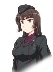 Rule 34 | 10s, 1girl, aged down, black hat, black jacket, blunt bangs, brown eyes, brown hair, commentary request, dress shirt, fading, garrison cap, girls und panzer, hat, jacket, kuromorimine military uniform, light frown, long hair, long sleeves, looking to the side, military, military hat, military uniform, nishizumi shiho, parted lips, red shirt, shirt, simple background, solo, standing, straight hair, uniform, upper body, wan&#039;yan aguda, white background