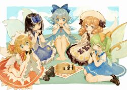 Rule 34 | 5girls, ascot, bare legs, barefoot, black bow, blue background, blue bow, blue dress, blue eyes, blue hair, bow, canariadraw, cirno, cloud, commentary request, commission, crossed ankles, daiyousei, dress, drill hair, eating, fairy wings, food, frilled bow, frills, full body, green hair, hair bow, hands up, hat, hat bow, highres, holding, holding food, ice, ice wings, kneehighs, knees up, light blush, luna child, maid headdress, multiple girls, one side up, open mouth, petticoat, red dress, short hair, simple background, sitting, skeb commission, sleeves past elbows, socks, star (symbol), star print, star sapphire, sunny milk, toes, touhou, wariza, white background, white dress, white socks, wings, yellow ascot, yellow bow