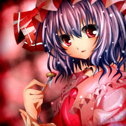Rule 34 | 1girl, choker, colorized, female focus, food, fork, hat, highres, holding, holding fork, looking at viewer, mesoso, purple hair, red eyes, remilia scarlet, short hair, solo, touhou, upper body, wings