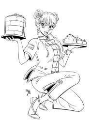 1girl bamboo_steamer braid chinese_clothes commentary_request double_bun full_body hair_bun highres holding holding_bamboo_steamer holding_tray monochrome on_one_knee open_mouth original signature smile solo taki_zawayuki teapot tray twin_braids