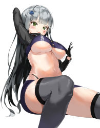 Rule 34 | 1girl, black gloves, black panties, blush, breasts, clothes writing, facial mark, from below, girls&#039; frontline, gloves, green eyes, grey hair, grey thighhighs, hair ornament, highres, hk416 (girls&#039; frontline), invisible chair, large breasts, long hair, looking at viewer, navel, panties, parted lips, pixel (yuxian), shiny skin, shrug (clothing), simple background, sitting, smile, solo, tattoo, thighhighs, underboob, underwear, white background