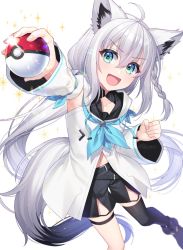 Rule 34 | 1girl, ahoge, animal ears, black footwear, black shorts, black thighhighs, blue neckerchief, braid, commentary request, detached sleeves, earrings, fox ears, fox girl, fox tail, green eyes, hair between eyes, highres, hololive, hood, hoodie, jenevan, jewelry, long hair, looking at viewer, midriff, navel, neckerchief, open mouth, outstretched arm, poke ball, shirakami fubuki, shirakami fubuki (1st costume), short shorts, shorts, sidelocks, simple background, single braid, single thighhigh, solo, sparkle, tail, thigh strap, thighhighs, virtual youtuber, white background, white hair, white hoodie
