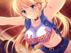 Rule 34 | 1girl, anna belmonte, armpits, belt, blonde hair, blue eyes, blush, breasts, collar, female focus, from below, game cg, hanging breasts, jacket, large breasts, legs, long hair, looking down, marushin (denwa0214), midriff, mole, navel, ponytail, short shorts, shorts, smile, solo, supokon! sports wear complex, sweat, thighs
