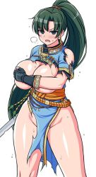 Rule 34 | 1girl, blush, breast hold, breasts, covering privates, covering breasts, dress, fingerless gloves, fire emblem, fire emblem: the blazing blade, fire emblem heroes, gacha, gloves, green eyes, green skirt, groin, half-closed eyes, large breasts, long hair, lyn (fire emblem), nintendo, no panties, pelvic curtain, ponytail, short sleeves, skirt, solo, sweat, torn clothes, torn dress, underboob, very long hair