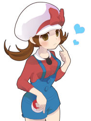 Rule 34 | 00s, 1girl, :3, blush, bow, brown eyes, brown hair, cabbie hat, creatures (company), game freak, hat, hat ribbon, heart, holding, holding poke ball, kouri, kouri (pixiv31822), lyra (pokemon), nintendo, overalls, poke ball, poke ball (basic), pokemon, pokemon hgss, red ribbon, ribbon, short twintails, simple background, solo, twintails, white background