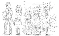 Rule 34 | 2boys, 3girls, :/, animal ears, animal nose, arm at side, arm behind head, arm up, bag, barefoot, breast pocket, breasts, briefcase, closed mouth, collared shirt, crossed arms, detached sleeves, facial mark, flat chest, forehead mark, fox boy, fox ears, fox girl, fox tail, full body, furry, furry female, furry male, gohei, greyscale, hair ornament, hakama, hakama skirt, half-closed eyes, hand on own hip, hand up, handheld game console, hands up, haori, happy, height, highres, holding, holding bag, holding gohei, holding handheld game console, japanese clothes, kame (3t), kimono, kneehighs, leg up, long sleeves, looking at viewer, medium hair, miko, miniskirt, monochrome, multiple boys, multiple girls, multiple tails, neck ribbon, nintendo 3ds, open mouth, original, own hands together, pants, pocket, raccoon ears, raccoon girl, raccoon tail, ribbon, sandals, school bag, school briefcase, school uniform, shide, shirt, shoes, short hair, short sleeves, shoulder bag, sidelocks, simple background, sketch, skirt, sleeveless, sleeveless kimono, small breasts, smile, snout, socks, standing, standing on one leg, straight-on, swept bangs, tail, v arms, whisker markings, white background, wide sleeves, zouri