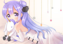 Rule 34 | 1girl, ahoge, ass, azur lane, bed sheet, blurry, commentary request, covering own mouth, depth of field, detached sleeves, dress, hair bun, hair ribbon, long hair, looking at viewer, lying, mirun (funimani), off-shoulder dress, off shoulder, on stomach, purple eyes, purple hair, ribbon, see-through, single hair bun, solo, stuffed animal, stuffed toy, stuffed unicorn, stuffed winged unicorn, thighhighs, unicorn (azur lane), white dress, white thighhighs
