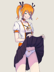 Rule 34 | 1girl, :q, bad id, bad pixiv id, blush, cameltoe, choker, clothes lift, green eyes, hair ribbon, musical note, naughty face, orange hair, original, othel (hatimorris), panties, ribbon, short twintails, skirt, skirt lift, solo, standing, suspenders, tongue, tongue out, twintails, underwear