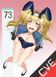 Rule 34 | 1girl, absurdres, ahoge, animal ears, artist request, black gloves, blonde hair, blue eyes, blue jacket, blue leotard, breasts, cleavage, collarbone, collared jacket, cropped jacket, fake animal ears, flats, foreshortening, from above, full body, gambier bay (kancolle), gloves, gradient background, hairband, highres, invisible chair, jacket, kantai collection, knees together feet apart, kuroyume suna, leotard, long hair, looking at viewer, looking up, medium breasts, open clothes, open jacket, open mouth, pink background, playboy bunny, rabbit ears, raised eyebrows, shoes, short sleeves, sitting, solo, strapless, strapless leotard, tearing up, tears, twintails, two-tone hairband, w arms, white footwear