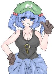 Rule 34 | 1girl, bare shoulders, black gloves, black tank top, blue eyes, blue hair, blunt bangs, breasts, cabbie hat, cleavage, collarbone, cowboy shot, fumomono, gloves, grin, hair between eyes, hair bobbles, hair ornament, hand on own hip, hand up, hat, highres, kawashiro nitori, key, large breasts, long hair, looking at viewer, simple background, smile, solo, tank top, touhou, two side up, white background