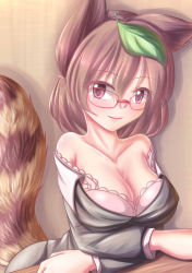 Rule 34 | 1girl, animal ears, bare shoulders, breasts, brown hair, cleavage, collarbone, dior-zi, eyebrows, futatsuiwa mamizou, glasses, highres, large breasts, leaf, leaf on head, looking at viewer, off shoulder, office lady, raccoon ears, raccoon tail, short hair, smile, solo, tail, touhou
