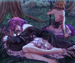 Rule 34 | 2girls, arm support, bad id, bad pixiv id, bare shoulders, barefoot, black dress, black sailor collar, blouse, blush, bracelet, brown hair, dress, earmuffs, earmuffs around neck, forest, frilled sleeves, frills, from behind, gradient hair, grass, hair between eyes, highres, hijiri byakuren, holding, jewelry, juliet sleeves, long hair, long sleeves, looking at viewer, lying, multicolored hair, multiple girls, nature, nga (ray ray), off shoulder, on side, outdoors, parted lips, petticoat, pointy hair, puffy sleeves, purple eyes, purple hair, purple skirt, sailor collar, shirt, short hair, sitting, skirt, topless, touhou, toyosatomimi no miko, tree, wide sleeves