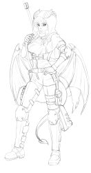 Rule 34 | 1girl, belt, black sclera, boots, closed mouth, colored sclera, contrapposto, demon girl, demon horns, demon tail, demon wings, full body, greyscale, gun, hair between eyes, hand on own hip, hand up, highres, hood, hood up, horns, horns through headwear, knee pads, lilim (monster girl encyclopedia), low wings, mari (maritan), maritan (pixelmaritan), monochrome, monster girl encyclopedia, original, pouch, rifle, simple background, sketch, slit pupils, sniper rifle, solo, standing, tactical clothes, tail, weapon, weapon on back, white background, wings