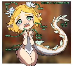 Rule 34 | blonde hair, blurry, blurry background, chibi, commentary, crying, crying with eyes open, dragon girl, dragon horns, english commentary, english text, green eyes, horns, kinkymation, light dragon (zelda), nintendo, princess zelda, short hair, tears, the legend of zelda, the legend of zelda: breath of the wild