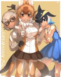 Rule 34 | 3girls, :&lt;, :d, absurdres, animal ear fluff, animal ears, anniversary, black-framed eyewear, black gloves, black skirt, blowhole, blue dress, blue eyes, blue hair, brown eyes, cetacean tail, commentary request, common dolphin (kemono friends), dhole (kemono friends), dorsal fin, dress, fins, fish tail, frilled dress, frills, fur collar, glasses, gloves, grey hair, grin, hair between eyes, hand on own hip, highres, kemono friends, kemono friends 3, light brown hair, long sleeves, looking at viewer, meerkat (kemono friends), multicolored hair, multiple girls, open mouth, pleated skirt, sailor dress, short hair, simple background, skirt, sleeveless, sleeveless dress, smile, sweater, tail, teeth, thighhighs, thin (suzuneya), v, white gloves, white hair, yellow background, zettai ryouiki