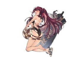Rule 34 | 1girl, ass, ball, bare legs, bare shoulders, barefoot, beachball, black one-piece swimsuit, braid, closed eyes, crown braid, duoyuanjun, from side, full body, girls&#039; frontline, hair ribbon, kneeling, long hair, official alternate costume, official art, one-piece swimsuit, one-piece tan, open mouth, ponytail, purple hair, ribbon, sandals, sideways mouth, solo, swimsuit, tan, tanline, thigh strap, torn clothes, torn swimsuit, transparent background, very long hair, wa2000 (girls&#039; frontline), wa2000 (op. manta ray) (girls&#039; frontline), wedge heels, wince