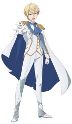 Rule 34 | 1boy, algard von palettia, arm at side, ascot, blazer, blonde hair, blue ascot, blue cape, cape, epaulettes, full body, jacket, looking at viewer, male focus, official art, open mouth, outstretched arm, pants, second-party source, shirt, shoes, short hair, simple background, solo, standing, swept bangs, tachi-e, teeth, tensei oujo to tensai reijou no mahou kakumei, transparent background, two-sided cape, two-sided fabric, v-shaped eyebrows, white cape, white footwear, white jacket, white pants, white shirt