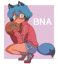 Rule 34 | 1girl, animal ears, bad id, bad pixiv id, ball, basketball, basketball (object), black hair, blue hair, body fur, brand new animal, closed mouth, full body, furry, furry female, green eyes, highres, holding, holding ball, jacket, kagemori michiru, looking at viewer, manburu, multicolored eyes, multicolored footwear, multicolored hair, pink eyes, raccoon ears, raccoon girl, raccoon tail, red footwear, red jacket, shoes, short hair, smile, sneakers, solo, squatting, tail, track jacket, white footwear