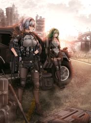 Rule 34 | absurdres, ammunition pouch, assault rifle, bad id, bad twitter id, black gloves, black hairband, black jacket, black legwear, black shorts, breasts, collared shirt, day, folded ponytail, girls&#039; frontline, gloves, green hair, gun, hair between eyes, hairband, headset, highres, holding, holding gun, holding weapon, jacket, jacket on shoulders, knee pads, load bearing equipment, long hair, long sleeves, looking afar, m950a (girls&#039; frontline), medium breasts, messy hair, military, military vehicle, motor vehicle, multiple girls, multiple straps, muzzle device, off shoulder, open clothes, open mouth, open shorts, outdoors, pantyhose, pouch, prototype design, red eyes, rifle, rifle-caliber handgun, rifle-caliber pistol, ruins, scar, scar on neck, scenery, shirt, short shorts, shorts, sidelocks, smile, smoke, thunder (girls&#039; frontline), triple action, triple action thunder, turisasu, unbuttoned pants, weapon, yellow eyes
