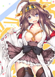 Rule 34 | 10s, 1girl, absurdres, ahoge, areola slip, bare shoulders, boots, breasts, brown hair, detached sleeves, double bun, hair ornament, hairband, highres, japanese clothes, kantai collection, kongou (kancolle), long hair, nanpuu, open mouth, personification, purple eyes, ribbon-trimmed sleeves, ribbon trim, solo, thigh boots, thighhighs