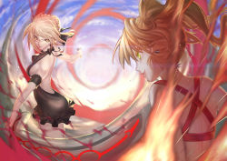 Rule 34 | &gt;:(, 2girls, absurdres, artoria pendragon (alter swimsuit rider) (fate), artoria pendragon (alter swimsuit rider) (first ascension) (fate), artoria pendragon (fate), backless outfit, bare back, battle, black dress, blonde hair, breasts, closed mouth, cowboy shot, criss-cross halter, dress, fate/grand order, fate (series), frown, green eyes, hair ribbon, halter dress, halterneck, highres, holding, holding sword, holding weapon, long hair, looking at another, multiple girls, nero claudius (fate), nero claudius (fate) (all), nero claudius (swimsuit caster) (fate), ribbon, short dress, sideboob, small breasts, smile, sword, tollrin-senpai, twintails, upper body, v-shaped eyebrows, weapon, yellow eyes
