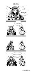 Rule 34 | 2girls, 4koma, asymmetrical sleeves, breasts, cleavage, clothing cutout, comic, commentary, detached sleeves, english text, fangs, greyscale, hand on own hip, highres, hololive, hololive english, horns, irys (hololive), irys (irys 1.0) (hololive), large breasts, mismatched sleeves, monochrome, multiple girls, one eye closed, ouro kronii, pointy ears, see-through, see-through cleavage, symbol-only commentary, taka t, twitter username, underboob, underboob cutout, veil, virtual youtuber