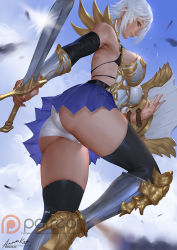 Rule 34 | 1girl, ariverkao, armor, ass, black thighhighs, blue sky, blurry, blurry foreground, breastplate, breasts, brown eyes, dated, from below, holding, holding sword, holding weapon, large breasts, lips, looking at viewer, original, panties, patreon logo, pleated skirt, shield, short hair, signature, skirt, sky, solo, sword, thighhighs, underwear, weapon, white hair, white panties