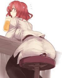 Rule 34 | 2girls, alcohol, ass, beer, beer mug, black pantyhose, blush, breasts, closed eyes, commentary request, cowboy shot, cup, cup on head, dress, flying sweatdrops, from behind, from below, holding, holding cup, horikawa raiko, jacket, long sleeves, looking back, medium breasts, medium hair, mini person, minigirl, mug, multiple girls, notice lines, open mouth, outstretched arm, pantyhose, pencil skirt, purple eyes, purple hair, red dress, red eyes, red hair, side slit, simple background, sitting, sitting on person, skirt, struggling, sukuna shinmyoumaru, surprised, touhou, upper body, utopia, white background, white jacket, white skirt