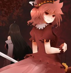 Rule 34 | 2girls, ahoge, arano oki, black hair, clenched hand, detached sleeves, from behind, frown, hair bobbles, hair ornament, hat, kawashiro mitori, leaf, leaf background, lock, long hair, looking at viewer, m.u.g.e.n, multiple girls, original, red background, red eyes, red hair, road sign, sendai hakurei no miko, short sleeves, sign, skirt, skirt set, string, touhou, twintails, very long hair, wrist cuffs