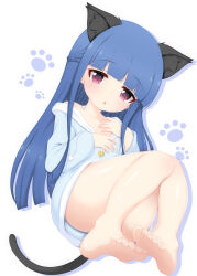 Rule 34 | 1girl, :o, animal ear fluff, animal ears, bare legs, bare shoulders, barefoot, blue hair, blue hoodie, blunt bangs, blunt ends, braid, cat ears, cat tail, collarbone, commentary request, feet, french braid, full body, highres, hood, hoodie, hosizora mikoto, idolmaster, idolmaster cinderella girls, long hair, long sleeves, looking at viewer, open mouth, red eyes, sajo yukimi, soles, solo, tail, toes