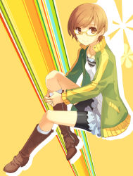 Rule 34 | 1girl, atlus, bad id, bad pixiv id, bike shorts, boots, brown eyes, brown hair, casual, glasses, h2so4, jacket, jewelry, looking at viewer, necklace, open clothes, open jacket, persona, persona 4, satonaka chie, short hair, sitting, smile, solo, track jacket, yellow-framed eyewear