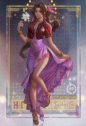Rule 34 | 1girl, aerith gainsborough, bolo tie, bracelet, brown hair, cropped jacket, dress, fan yang (jiuge), final fantasy, final fantasy vii, flower, full body, gold bracelet, green eyes, highres, jacket, jewelry, looking at viewer, parted lips, pink dress, red jacket, sandals, side slit, smile, solo, toes