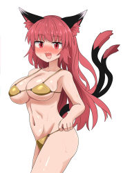 Rule 34 | 1girl, :d, alternate hairstyle, animal ears, bikini, blush, breasts, cat ears, cat tail, chups, hair down, highres, kaenbyou rin, large breasts, long hair, multiple tails, navel, open mouth, red eyes, red hair, smile, solo, sweat, swimsuit, tail, touhou, two tails, yellow bikini