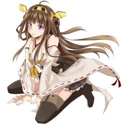 Rule 34 | 10s, 1girl, ahoge, bare shoulders, blush, boots, brown hair, detached sleeves, double bun, hair ornament, hairband, headgear, japanese clothes, kantai collection, kongou (kancolle), long hair, looking at viewer, open mouth, personification, purple eyes, saphy sh, skirt, solo, thigh boots, thighhighs, white background, wide sleeves