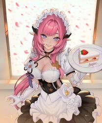 Rule 34 | 1girl, :d, apron, arepko, black dress, blue eyes, breasts, cake, cake slice, cleavage, dress, elf, elysia (honkai impact), elysia (miss pink elf) (honkai impact), food, frilled apron, frills, gloves, grin, highres, holding, holding plate, honkai (series), honkai impact 3rd, indoors, large breasts, long hair, looking at viewer, maid, maid apron, maid headdress, open mouth, petals, pink hair, plate, pointy ears, short sleeves, smile, solo, teeth, very long hair, waist apron, white gloves