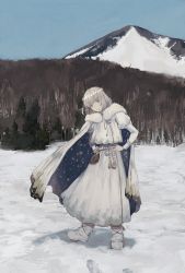 Rule 34 | 1boy, absurdres, blue cape, blue eyes, boots, cape, closed mouth, fate/grand order, fate (series), film grain, fingernails, footprints, forest, fur trim, grey cape, grey hair, hands on own hips, highres, kotobuki nashiko, looking at viewer, male focus, medium hair, mountain, multicolored cape, multicolored clothes, nature, oberon (fate), outdoors, pouch, puffy sleeves, smile, snow, solo, tassel, tree, two-tone cape, white footwear, winter clothes, zipper