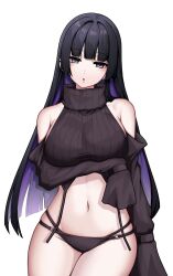 Rule 34 | 1girl, :o, arm under breasts, black hair, black panties, black sleeves, black sweater, blunt bangs, bocchi the rock!, breasts, colored inner hair, commentary request, cowboy shot, crop top, cropped sweater, detached sleeves, double-parted bangs, grey eyes, highres, kushinaka, large breasts, long hair, looking at viewer, meme attire, midriff, mouth piercing, multicolored hair, navel, open mouth, pa-san, panties, purple hair, ribbed sweater, simple background, sleeveless, sleeveless sweater, sleeves past fingers, sleeves past wrists, solo, stomach, sweater, thighs, turtleneck, turtleneck sweater, underwear, virgin destroyer sweater, white background
