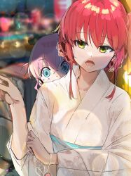 Rule 34 | 2girls, blue eyes, blurry, blurry background, bocchi the rock!, commentary request, crossed bangs, funi mu9, gotoh hitori, green eyes, highres, japanese clothes, kimono, kita ikuyo, lens flare, long hair, long sleeves, looking at viewer, multiple girls, obi, one side up, open mouth, peeking out, pink hair, red hair, sash, shade, short hair with long locks, sidelocks, summer festival, sweatdrop, teeth, upper body, white kimono, wide-eyed, wide sleeves, yukata