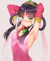 Rule 34 | 1girl, ace attorney, armpits, arms behind head, arms up, black hair, blush, bow, breasts, covered erect nipples, facial mark, green eyes, hair rings, matanonki, phoenix wright: ace attorney - spirit of justice, presenting armpit, purple bow, rayfa padma khura&#039;in, shiny clothes, short hair, sideboob, sidelocks, small breasts, solo, tattoo, tiara