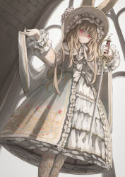 Rule 34 | 1girl, blonde hair, dress, feet out of frame, floral print, flower, frilled dress, frills, from below, highres, holding, holding sword, holding weapon, indoors, lolita fashion, long hair, long sleeves, looking at viewer, open mouth, original, osobachan, red eyes, rose, solo, standing, sword, weapon, white dress, white flower, white headwear, white legwear, white rose