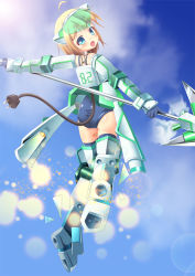 Rule 34 | 1girl, :d, animal ears, armor, bandaid, blonde hair, blue eyes, blush, cloud, day, flying, gloves, looking at viewer, mecha, open mouth, polearm, robot, sekine irie, short hair, sky, smile, solo, spear, swimsuit, weapon