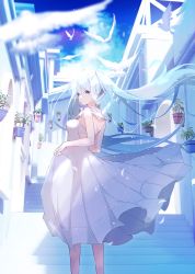 Rule 34 | 1girl, a.a (aa772), animal, bare shoulders, bird, blue eyes, blue hair, blue sky, breasts, building, cloud, commentary, day, dress, floating hair, frilled dress, frills, from behind, hair between eyes, hatsune miku, highres, long hair, looking at viewer, looking back, outdoors, plant, pleated dress, potted plant, skirt hold, sky, sleeveless, sleeveless dress, small breasts, solo, stairs, stone stairs, twintails, very long hair, vocaloid, white bird, white dress