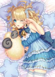 Rule 34 | 1girl, :3, aimori meguru, bell, blue bow, blue dress, blush, bow, dress, hair bow, highres, looking at viewer, one eye closed, open mouth, original, pillow, revision, rubbing eyes, sheep, smile, solo, star-shaped pillow, stuffed animal, stuffed sheep, stuffed toy, thighhighs, white bow, white thighhighs