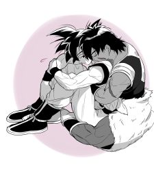 Rule 34 | 2boys, bara, black eyes, black hair, blush, broly (dragon ball super), dark-skinned male, dark skin, dragon ball, dragon ball super, dragon ball super broly, full body, greyscale, greyscale with colored background, head on another&#039;s shoulder, hug, hug from behind, interracial, male focus, medium hair, monochrome, multiple boys, muscular, muscular male, pants, scar, scar on chest, skin tight, son goku, spiked hair, tarutobi, tight clothes, tight pants, topless male, yaoi