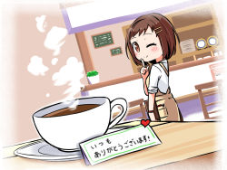 Rule 34 | 1girl, ;), apron, bang dream!, blush, brown eyes, brown hair, cafe, chair, coffee, coffee mug, commentary request, cup, cupboard, dutch angle, facing viewer, hair ornament, hairclip, hazawa tsugumi, highres, index finger raised, indoors, kyou (fr39), menu board, mug, one eye closed, plant, plate, potted plant, shirt, short hair, sleeves rolled up, smile, solo, steam, table, translation request, white shirt